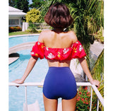 Two Piece Swimsuit | Red Flower Off Shoulder Top | Blue High Waist Bottom