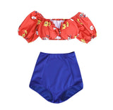 Two Piece Swimsuit | Red Flower Off Shoulder Top | Blue High Waist Bottom