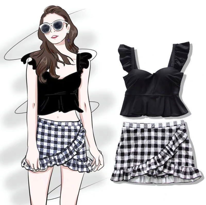 Two Piece Swimsuit | Black Off Shoulder Top | Black/White Plaid Pattern High Waist Bottom Skirt