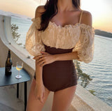 One Piece Swimsuit | White Lace Top and Brown Bottom Bathing Suit