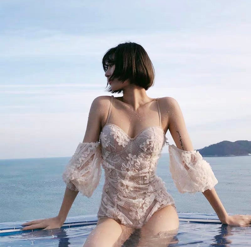 One Piece Swimsuit | White Lace Flower with Removable Sleeves Bathing Suit