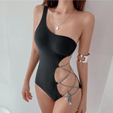 One Piece Swimsuit | Black One Side Off Strap Bathing Suit