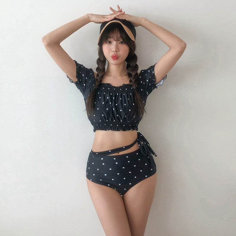 Two Piece Swimsuit | Black Dot Flower Off Shoulder Top | Black Dot Pattern High Waist Bottom