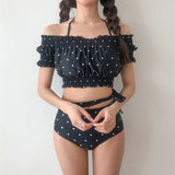 Two Piece Swimsuit | Black Dot Flower Off Shoulder Top | Black Dot Pattern High Waist Bottom