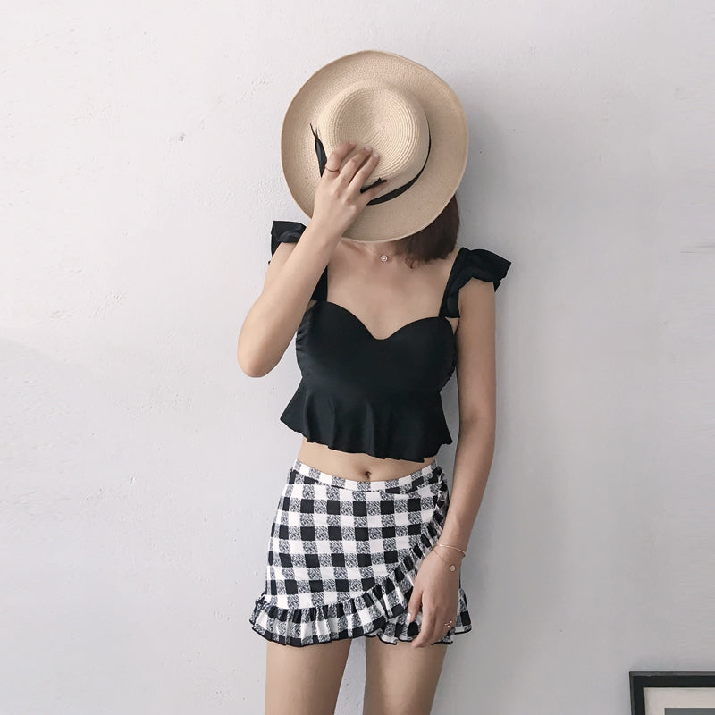 Two Piece Swimsuit | Black Off Shoulder Top | Black/White Plaid Pattern High Waist Bottom Skirt