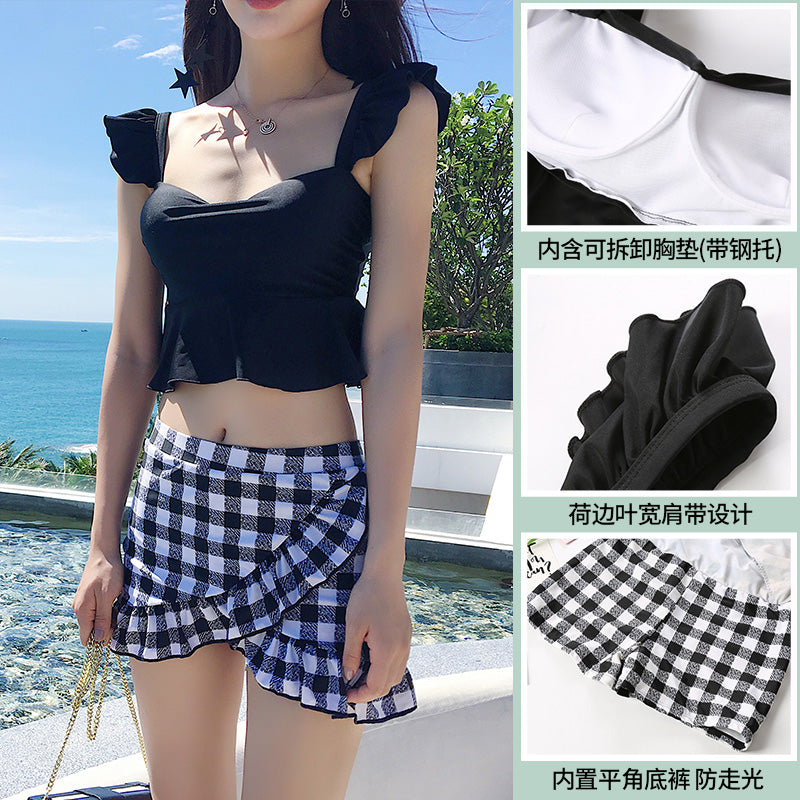 Two Piece Swimsuit | Black Off Shoulder Top | Black/White Plaid Pattern High Waist Bottom Skirt