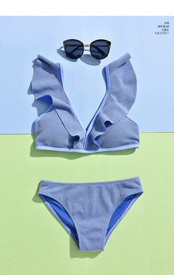 Two Piece Swimsuit | Light Blue Ruffle Top | Light Blue Bottom